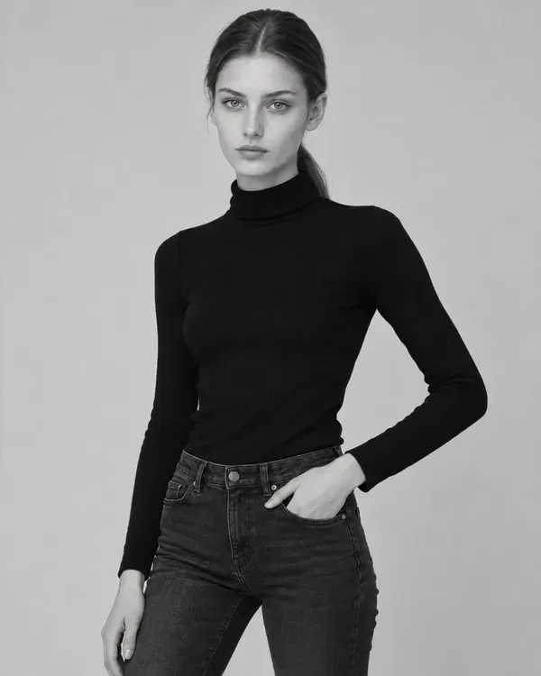 Three black and white photos of a model in a black turtleneck and jeans (full length, close-up and half length), laid out like a comp card to show its layout and size