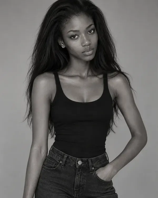 Three black and white portraits of a model with long dark hair in a black top, the kind of photos used on a comp card or in a portfolio
