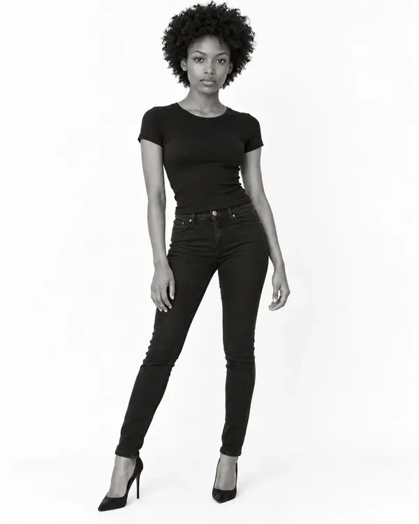 Three black and white photos of a model with natural curly hair (full length, close-up and half length), as they would appear on a digital comp card