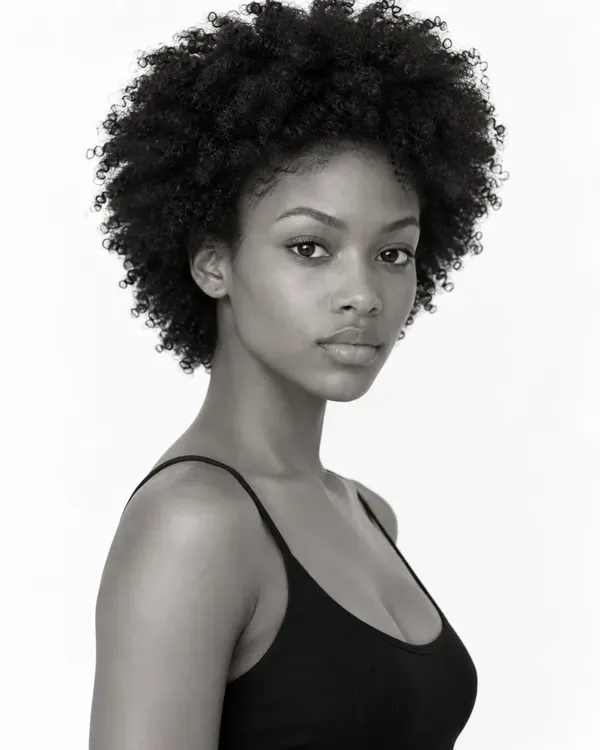 Three black and white photos of a model with natural curly hair (full length, close-up and half length), as they would appear on a digital comp card