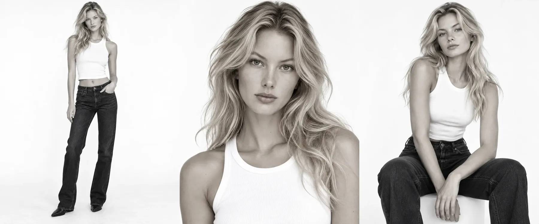 Three black and white photos of a model, laid out as they would be on a comp card
