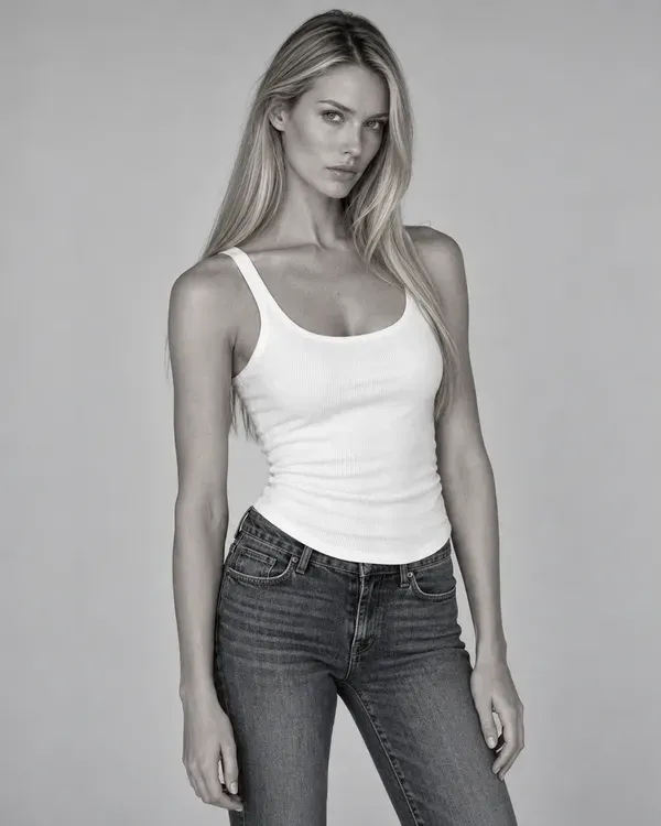 Three black and white photos of a model, laid out as they would be on a comp card