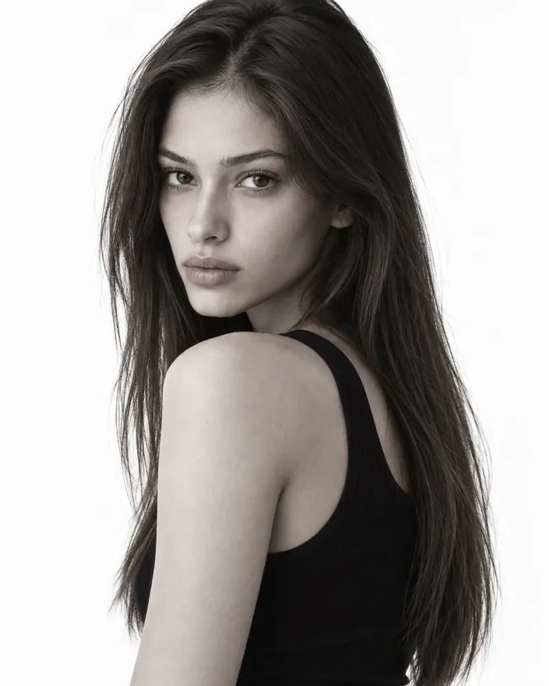 Three black and white photos of a model, laid out as they would be on a comp card