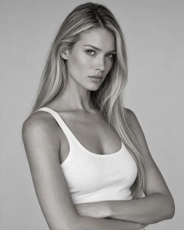 Three black and white photos of a model in a white top and jeans, an example of the photos a casting call asks applicants to send