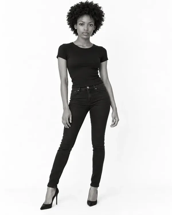 Three black and white photos of a model in a fitted black top and jeans, full length and close-up, showing the proportions that measurements describe