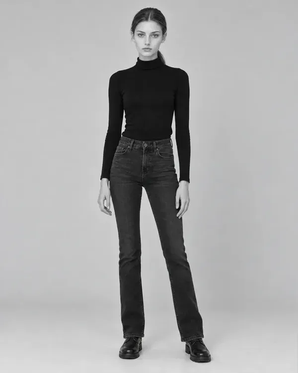 Three plain black and white digitals of a model in a black turtleneck and jeans (full length, close-up and half length) against a simple background