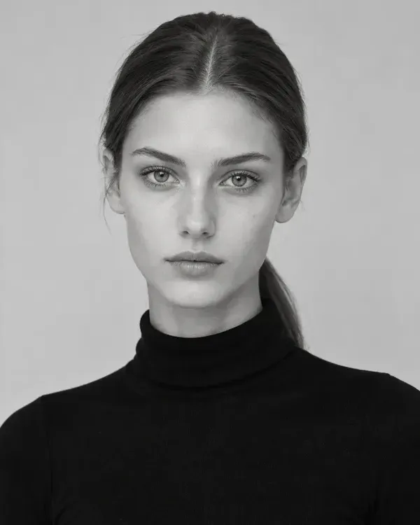 Three plain black and white digitals of a model in a black turtleneck and jeans (full length, close-up and half length) against a simple background