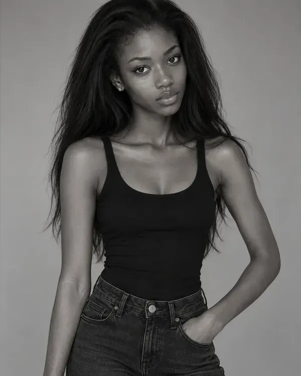 Three black and white photos of a model, laid out as they would be on a comp card