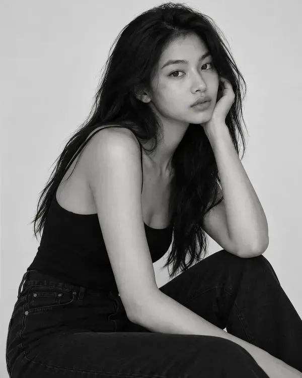 Three black and white photos of a model (full length, close-up and seated), laid out as they would be on a model comp card