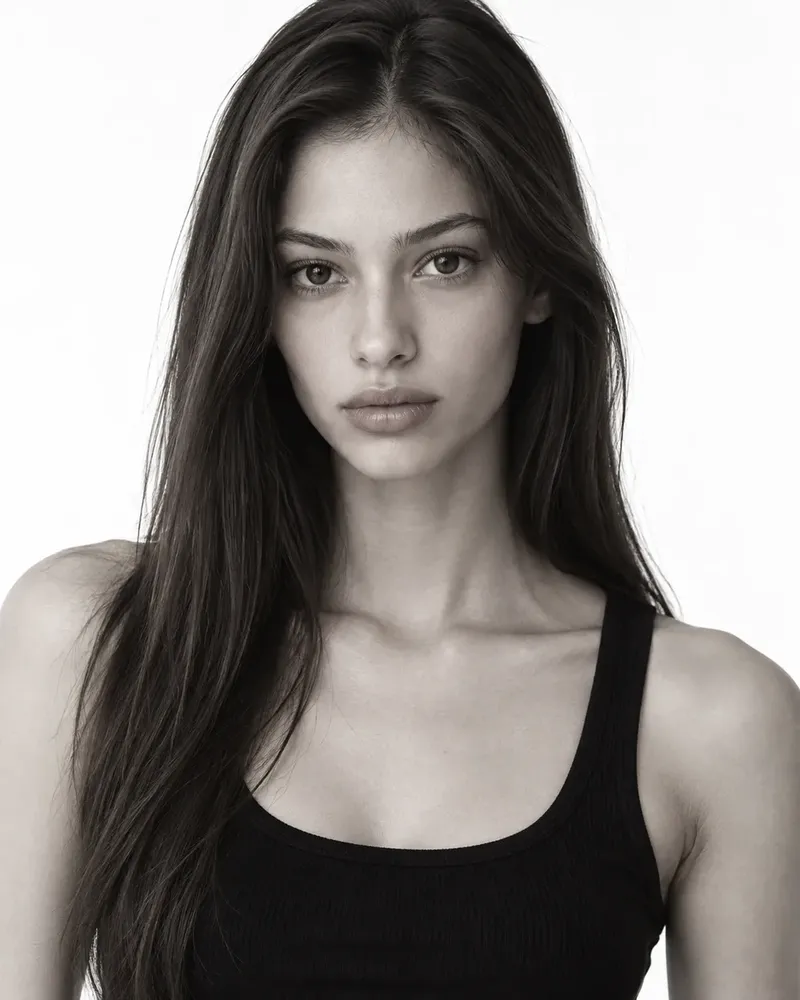 Three black and white photos of a model, laid out as they would be on a comp card