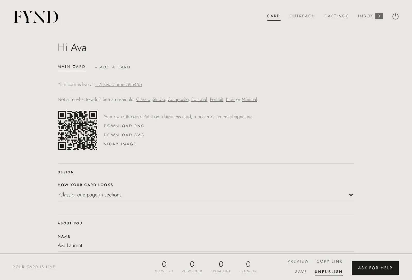 The talent portal: a comp card with its QR code